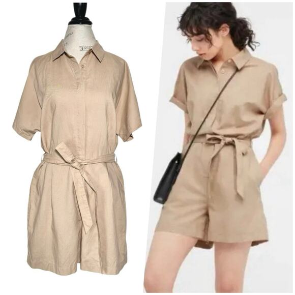 Uniqlo | Women | Beige Linen Blend Short Sleeve Belted Relaxed Romper | Sz Large - Picture 1 of 13
